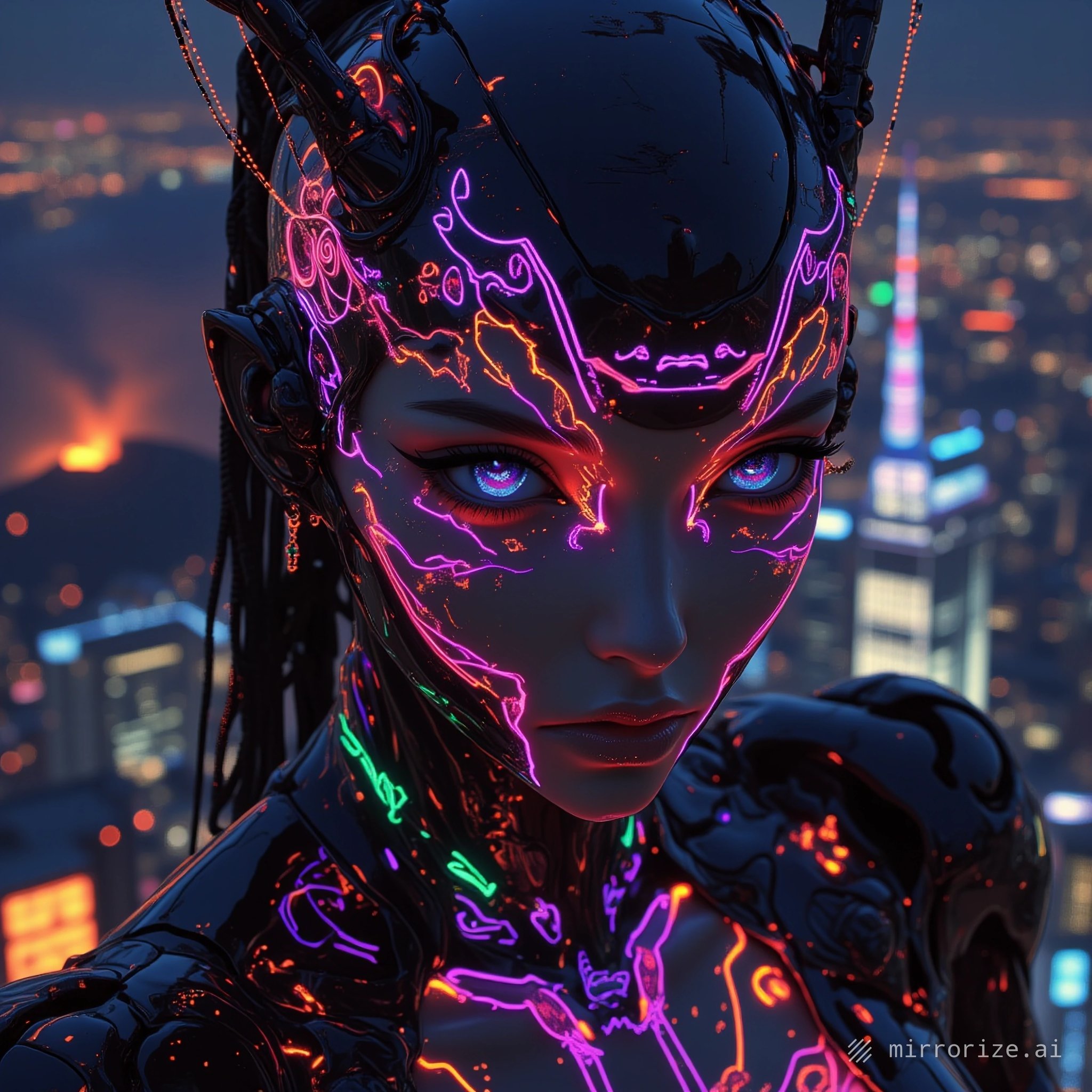 Neon elf whispers...🌆🤫🐈‍⬛ [#Venus via @Mirrorize 🪞]