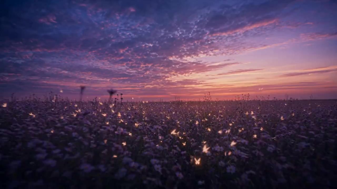 Begin with an extreme wide shot of a vast flower field at twilight. Slow dolly-in toward the woman while performing a gentle clockwise orbit. Butterfl