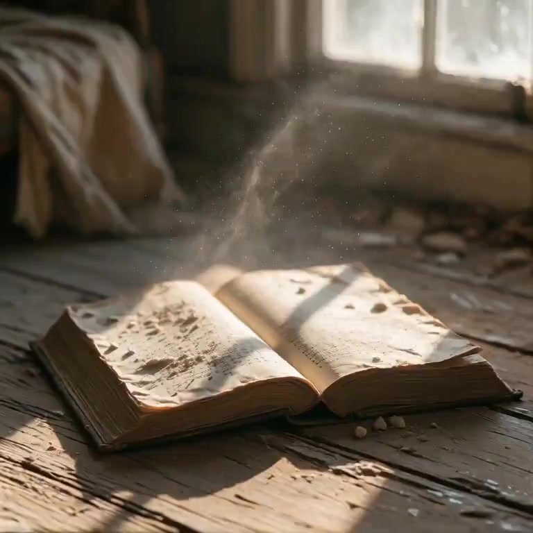 Camera slowly pushes forward, hovering above the book's open pages while light shifts across the text, dust motes drifting lazily through golden rays.