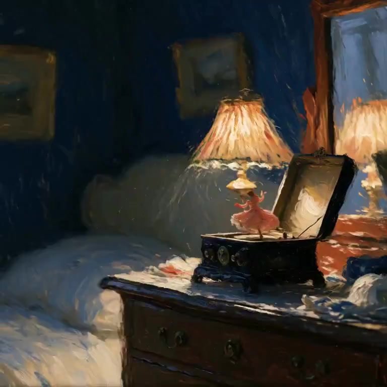 Camera slowly pushes forward toward the music box as dust motes drift lazily through the warm lamplight. The tiny dancer begins rotating, casting deli