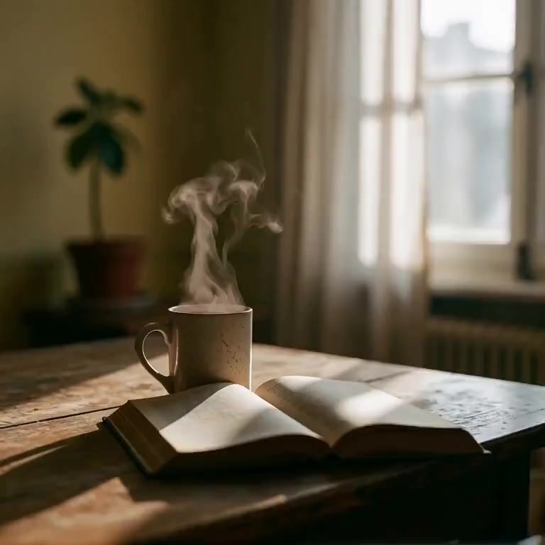 Camera slowly pushes forward, drawing deeper into the intimate scene. Steam from the mug drifts lazily upward in gentle swirls. Soft light shifts impe