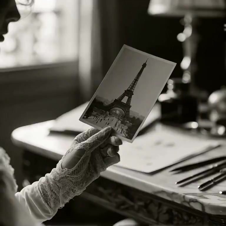 Camera slowly pushes in toward the gloved hand, which gently rotates the postcard to reveal the Eiffel Tower more fully. Soft light shifts subtly acro