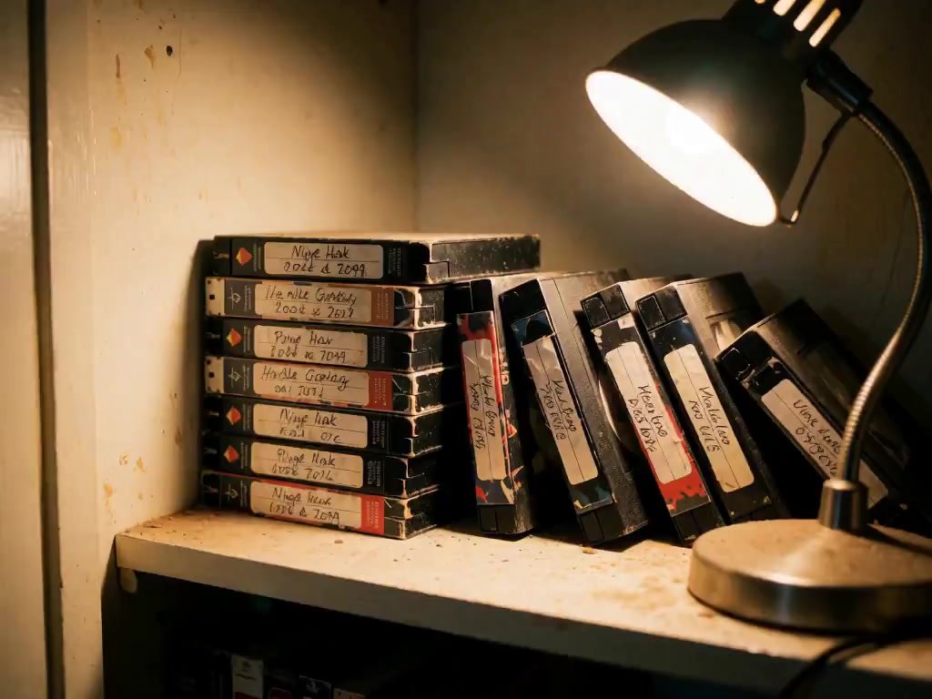 The camera slowly pushes forward through the dust motes, lingering over each tape's handwritten label as it glides left to right along the shelf. A si