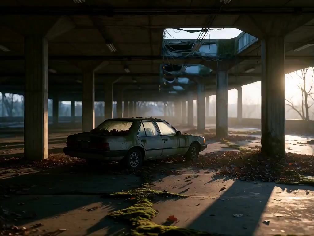 Camera slowly pushes forward toward the solitary car while panning left across the desolate floor. Dust particles drift through shafts of pale light. 