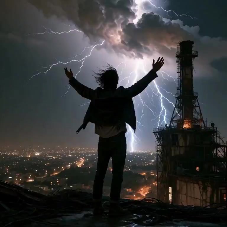 Camera slowly pulls back and upward, expanding the vista as the figure remains motionless, arms held high. Lightning flashes intermittently, illuminat