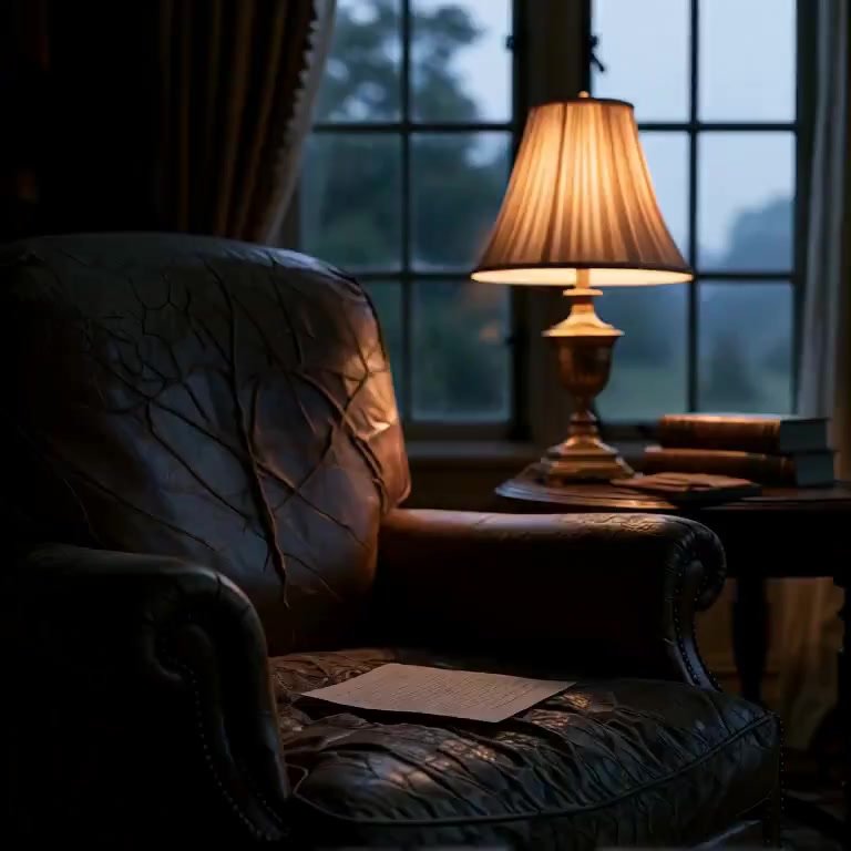 Camera slowly pulls back and upward from the armchair, revealing more of the shadowed room. Lamplight flickers subtly, deepening creases in leather. T