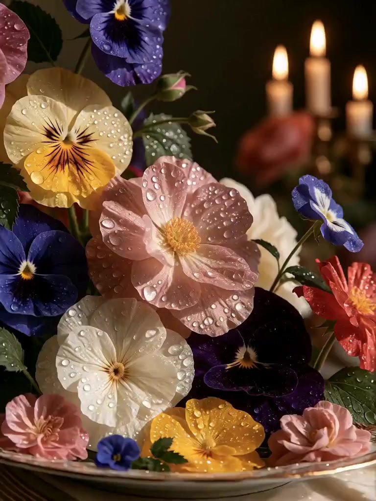 Camera pushes gently forward through layers of blooming flowers, each petal unfurling in luxurious slow motion. Candlelight flickers across dewdrops,