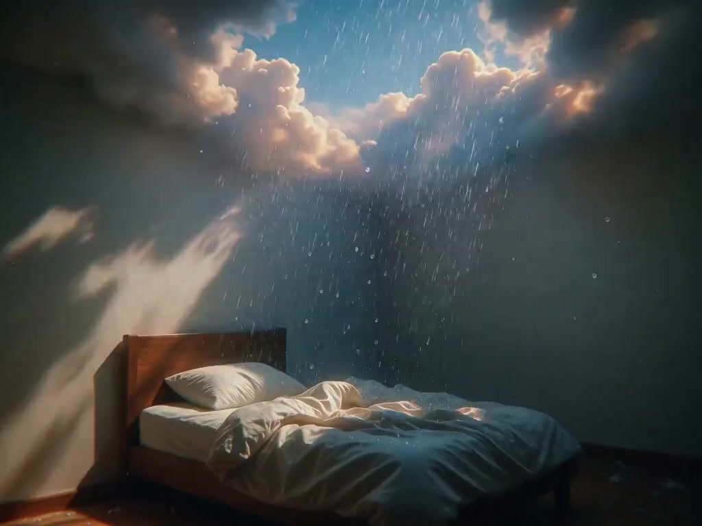 Camera slowly pulls back from the bed, revealing the full impossible space. Rain droplets drift upward in graceful arcs, catching light like suspended