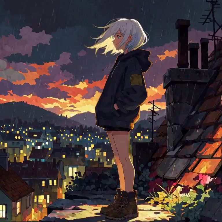 Camera slowly pushes in from wide shot to medium close-up of her face. Wind continuously billows her hoodie and silver hair across frame. Rain droplet