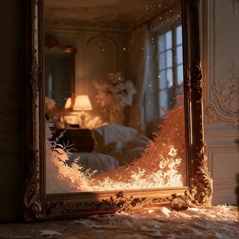 Camera slowly glides left, following the dust motes' gentle drift across the mirror's surface. The golden frame catches deepening amber light while th