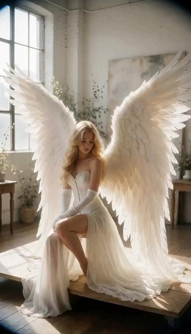 Fantasy, Glamour Photography, Dreamy Aesthetic. A breathtaking angelic woman with long flowing golden-blonde hair sits gracefully on a simple wooden p
