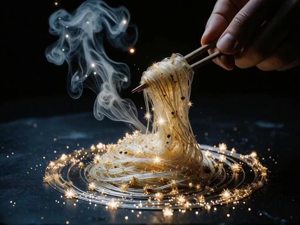 Camera slowly pulls back and tilts slightly upward, revealing the full plated composition while the chef's hand gracefully withdraws. The spun-sugar s