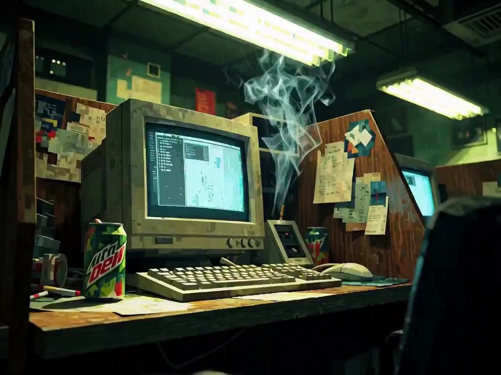 Camera slowly pulls back and tilts upward, revealing the claustrophobic booth's full cramped dimensions while cigarette smoke drifts lazily through th