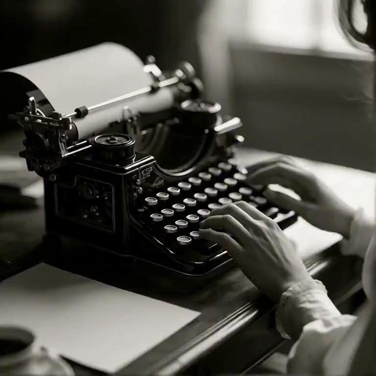 Camera slowly pushes in on the typewriter keys as the woman's fingers descend, poised to strike. Soft window light intensifies across the metal frame.