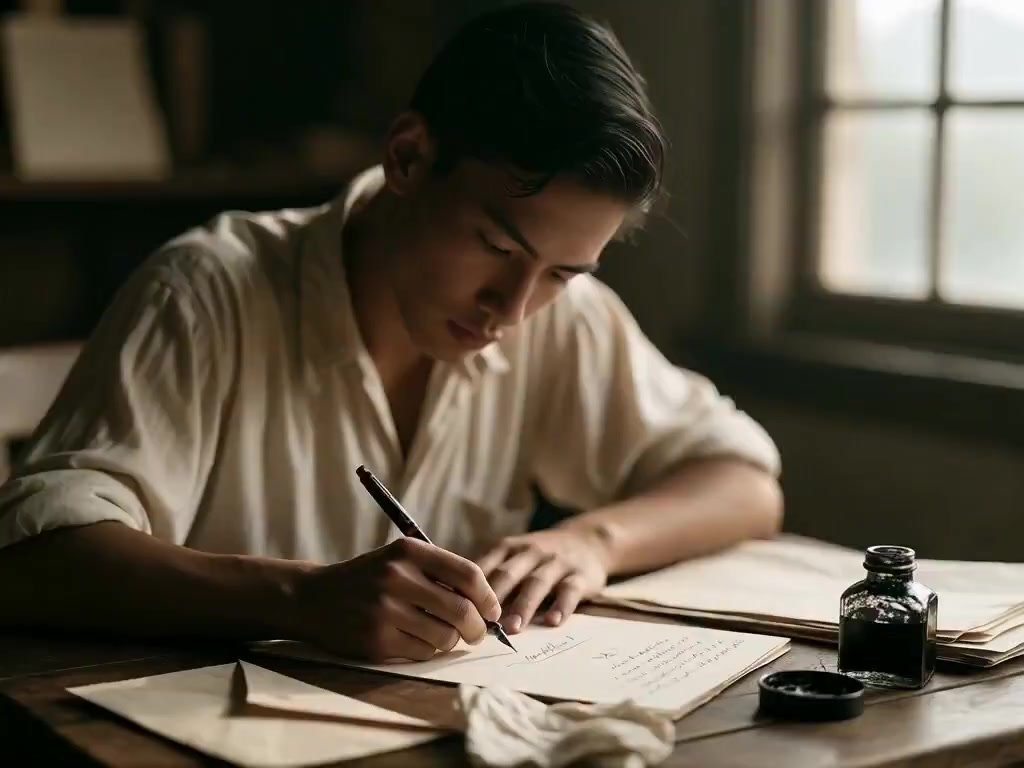 Camera slowly pulls back and up from the desk, revealing the man's focused expression and the quiet room around him. The pen completes its stroke acro