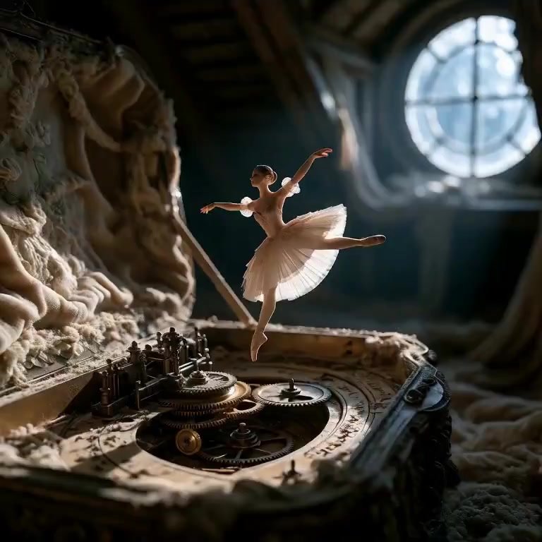 The camera slowly circles the music box counterclockwise, dust motes swirling lazily through silver moonbeams. The ballerina trembles almost impercept