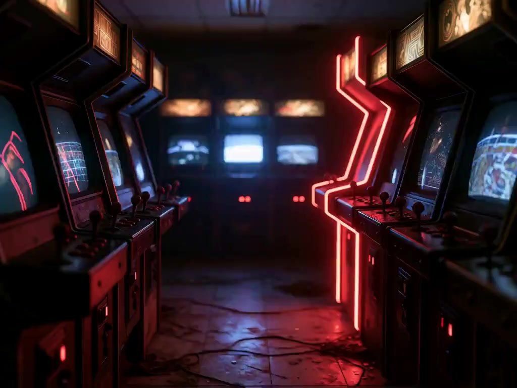 Camera slowly dollies forward through the arcade's center aisle, the neon-red cabinet's glow intensifying as we approach. Subtle flickers ripple acros