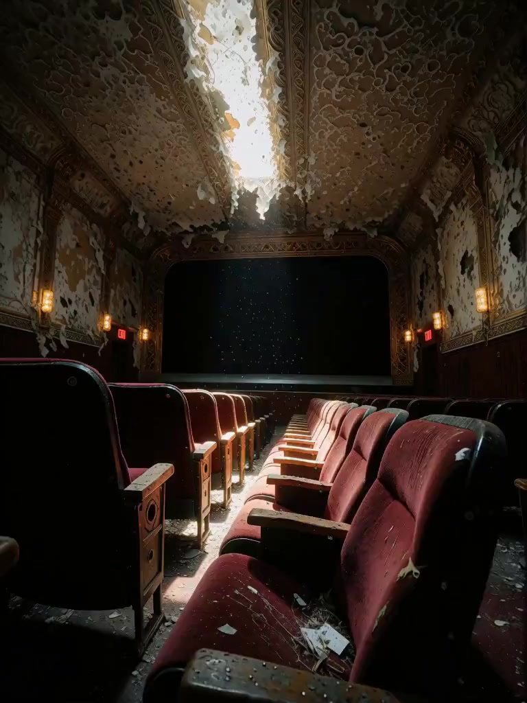 Camera slowly tracks forward down the center aisle, gliding past dusty velvet seats toward the dark screen. Dust particles drift lazily through amber 
