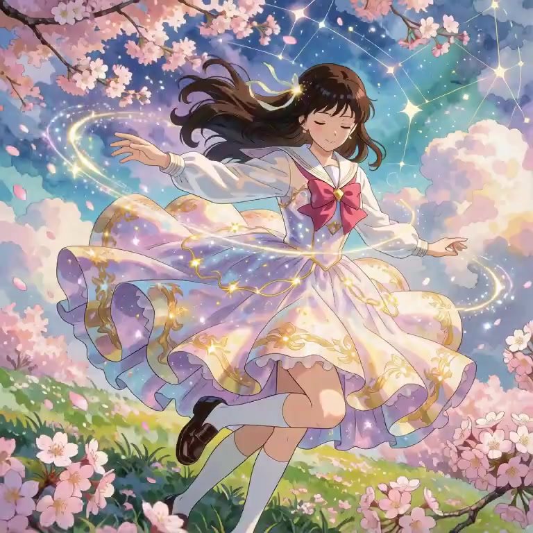 Camera sweeps upward in a slow arc around the girl as ribbons spiral outward in graceful loops, their glow intensifying. Cherry blossoms drift lazily