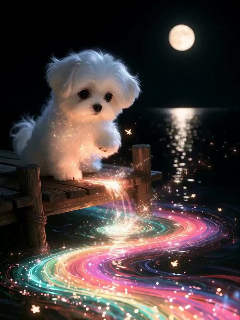 Very cute dog is looking at the beautiful glowing water design as it moves. Very relaxing scene.