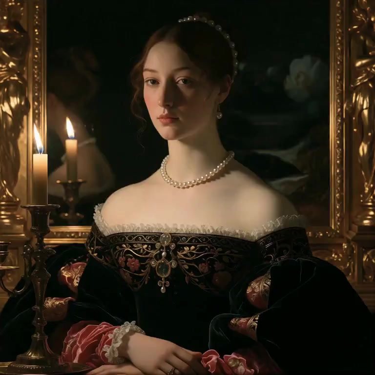 The camera slowly pulls back, revealing more of her silhouette against the mirror's dark void. Candlelight flickers across her shoulders and pearls, c